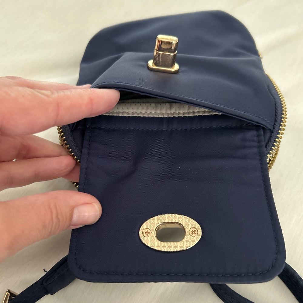 Travelon Anti-Theft Tailored Crossbody Phone Pouch - Sapphire, gold accents - Picture 10 of 11